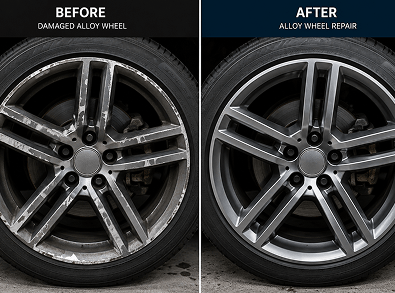 Alloy wheel before and after refurbishment