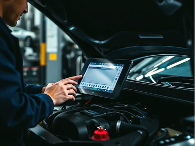 Diagnostic tablet used in an engine bay