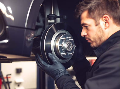 Mechanic working on vehicle brakes and suspension