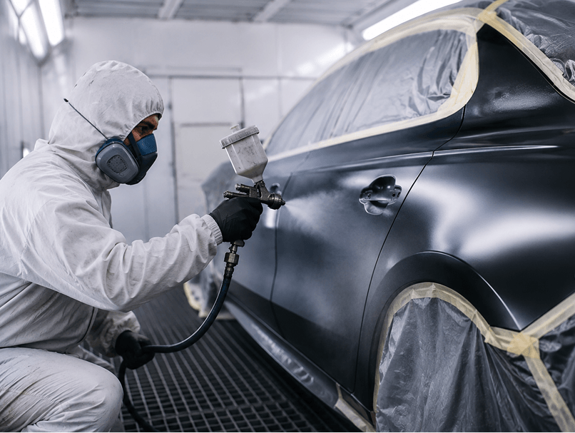 Technician spray painting a vehicle in a professional booth